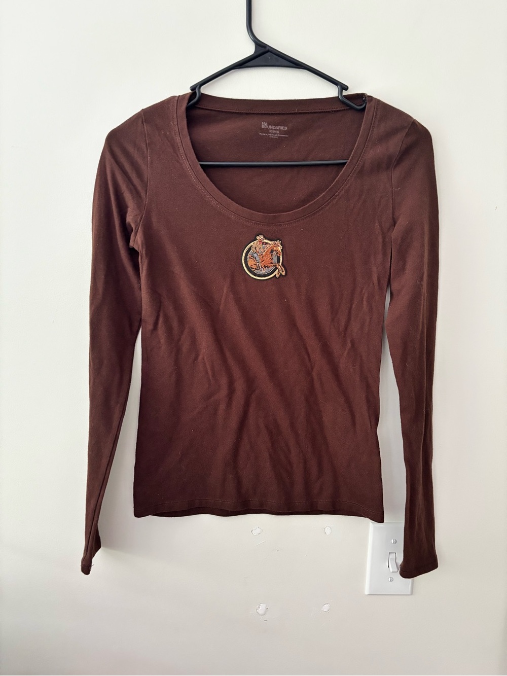 Bronco Cowboy Patch Chocolate Brown Long Sleeve Upcycled as is